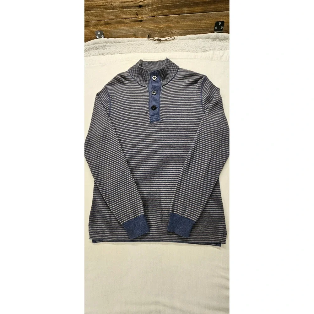 Banana Republic Mens Blue Tan Striped Cotton Wool Mock Neck Henley Sweater S